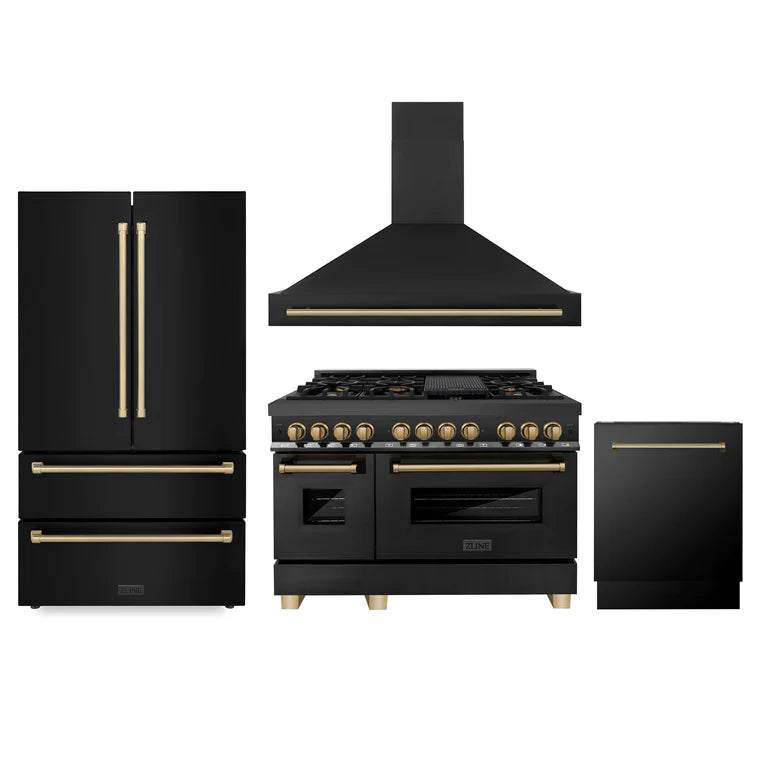 ZLINE 4-Piece Autograph Edition Black Stainless Steel Kitchen Package with Range, Range Hood, Dishwasher, and French Door Refrigerator with matching Champagne Bronze accents.