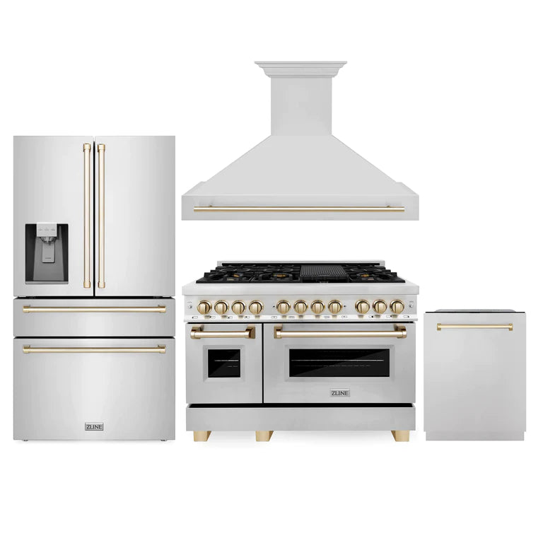 ZLINE 4-Piece Autograph Edition Stainless Steel Kitchen Package with Range, Range Hood, Dishwasher, and French Door Refrigerator with matching Polished Gold accents.