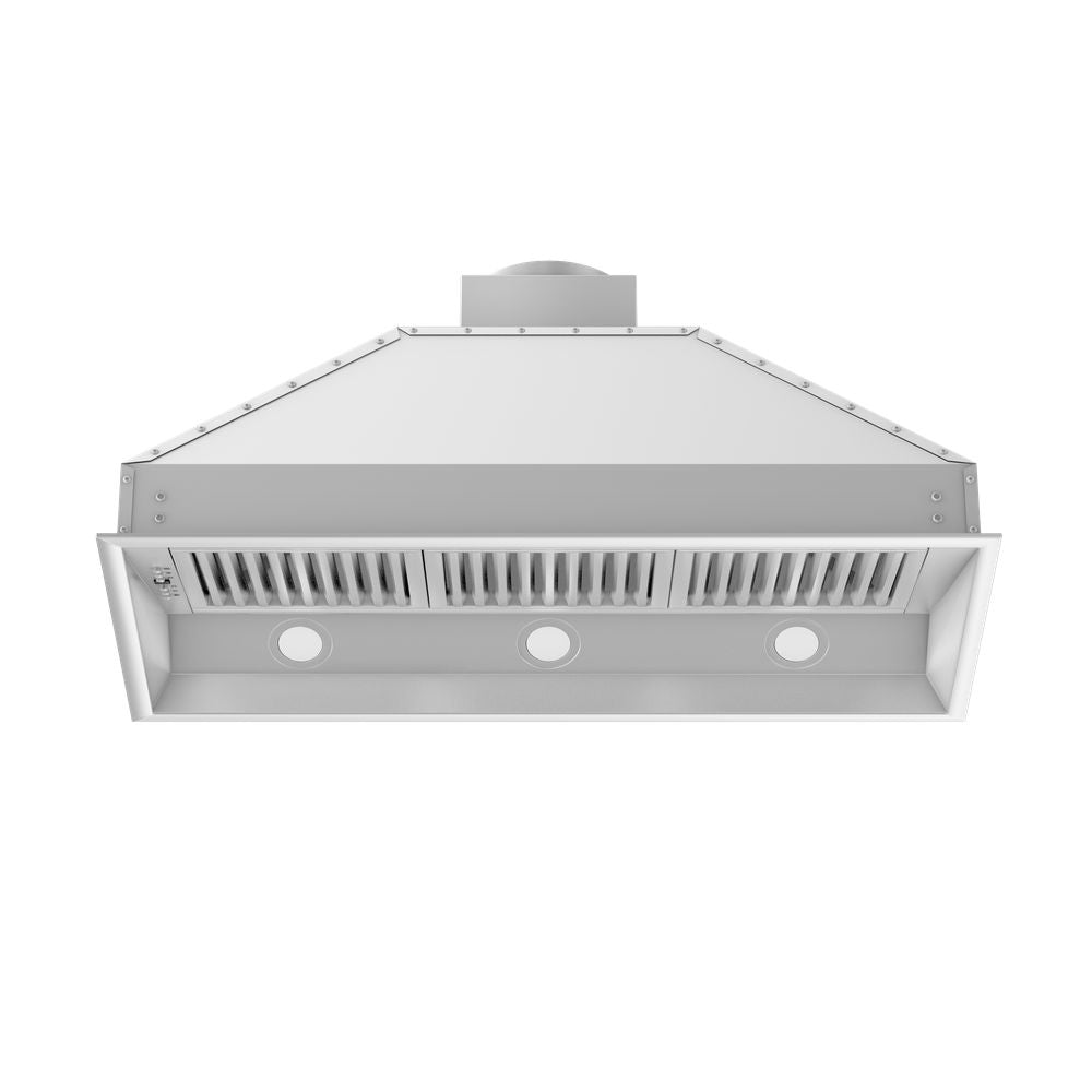 ZLINE Ducted Remote Blower 400 CFM Range Hood Insert in Stainless Steel (698-RS) Under View with baffle filters and lighting