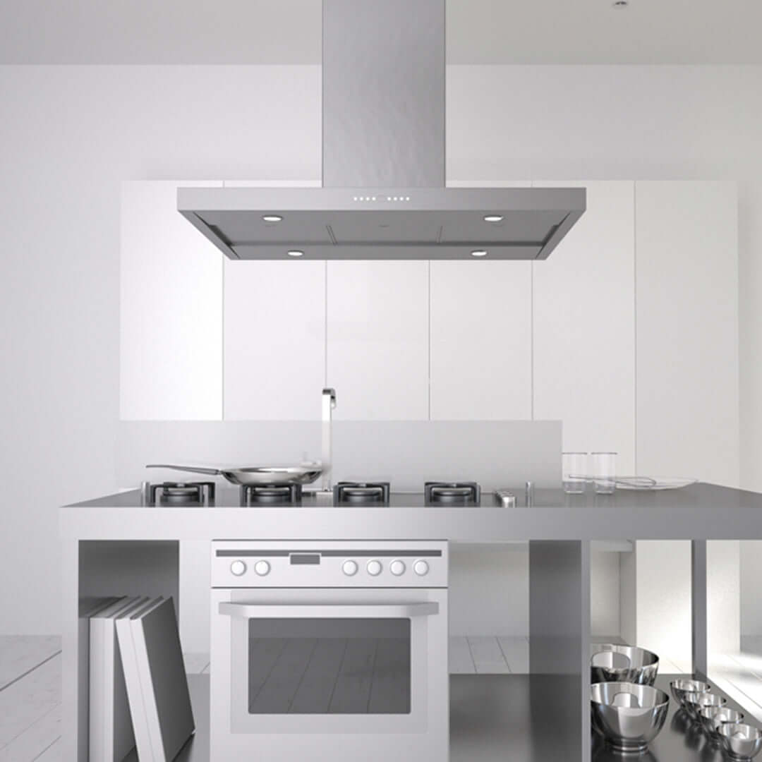 Faber Bella Isola Island Mount Range Hood with Size Options in Stainless Steel 