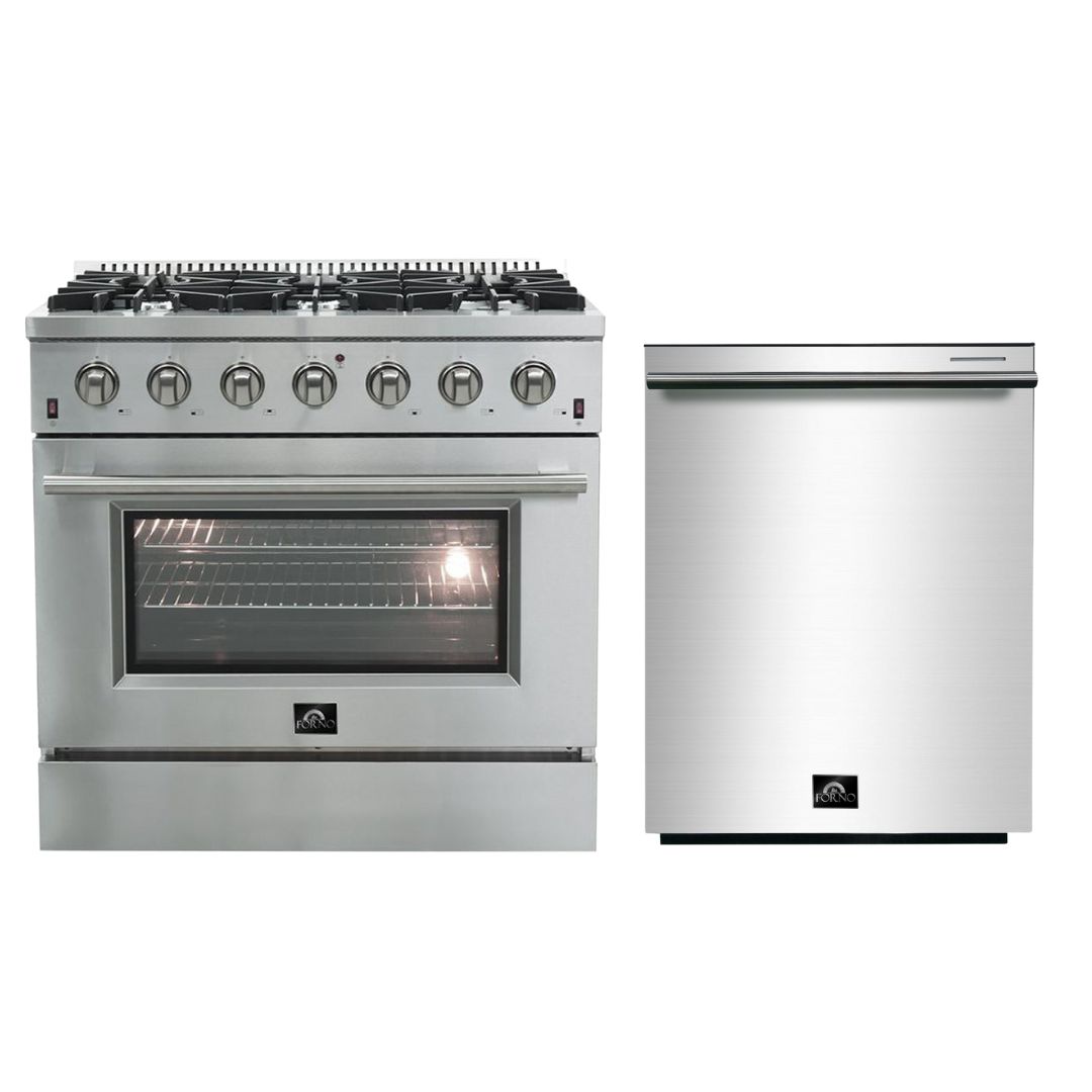 Forno 2-Piece Stainless Steel Appliance Package - with 36" Stainless Steel All Gas Range and 24" Tall Tub Dishwasher in Stainless Steel (FFSGS6244-36+FDWBI8067-24S)-