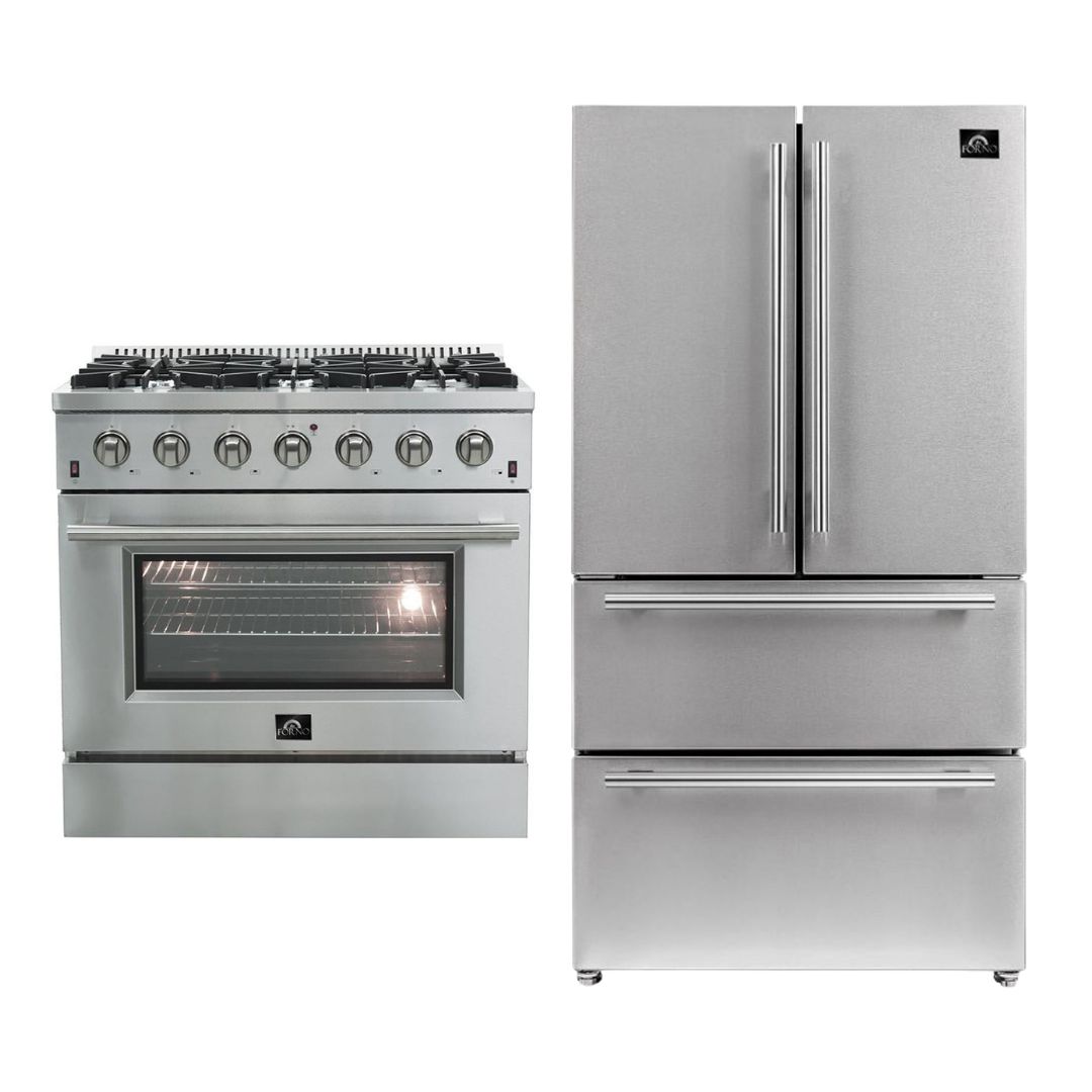 Forno 2-Piece Stainless Steel Appliance Package - with 36 in. French Door Refrigerator and 36 in. All Gas Range (FFSGS6244-36+FFRBI1820-36SB)-