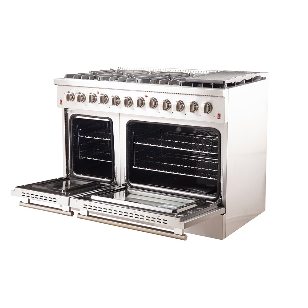 Forno Stainless Steel 48 in. Dual Fuel Range side with oven doors open.
