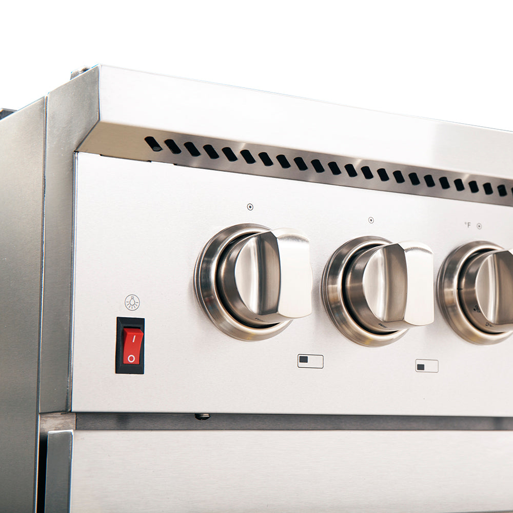 Forno Stainless Steel 48 in. Dual Fuel Range oven and cooktop knobs.