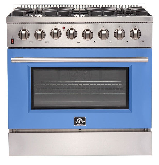 Forno Galiano Gold Professional - 36 in. 5.36 cu. ft. Freestanding Dual Fuel Range with Gas Stove and Electric Oven in Stainless Steel (FFSGS6156-36)-Blue Door