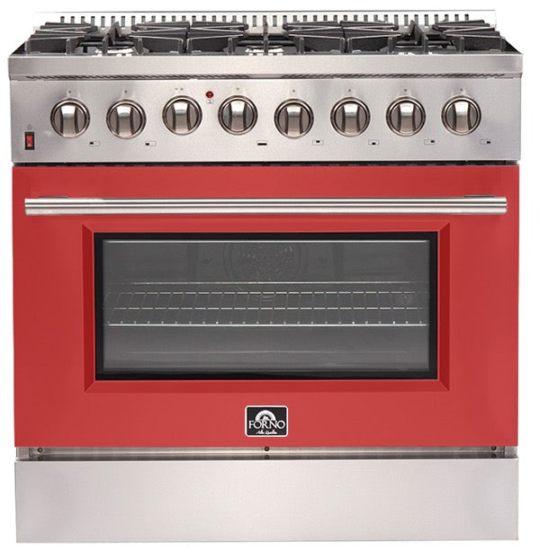 Forno Galiano Gold Professional - 36 in. 5.36 cu. ft. Freestanding Dual Fuel Range with Gas Stove and Electric Oven in Stainless Steel (FFSGS6156-36)-Red Door