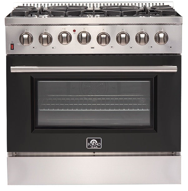 Forno Galiano Gold Professional - 36 in. 5.36 cu. ft. Freestanding Dual Fuel Range with Gas Stove and Electric Oven in Stainless Steel (FFSGS6156-36)-Black Door