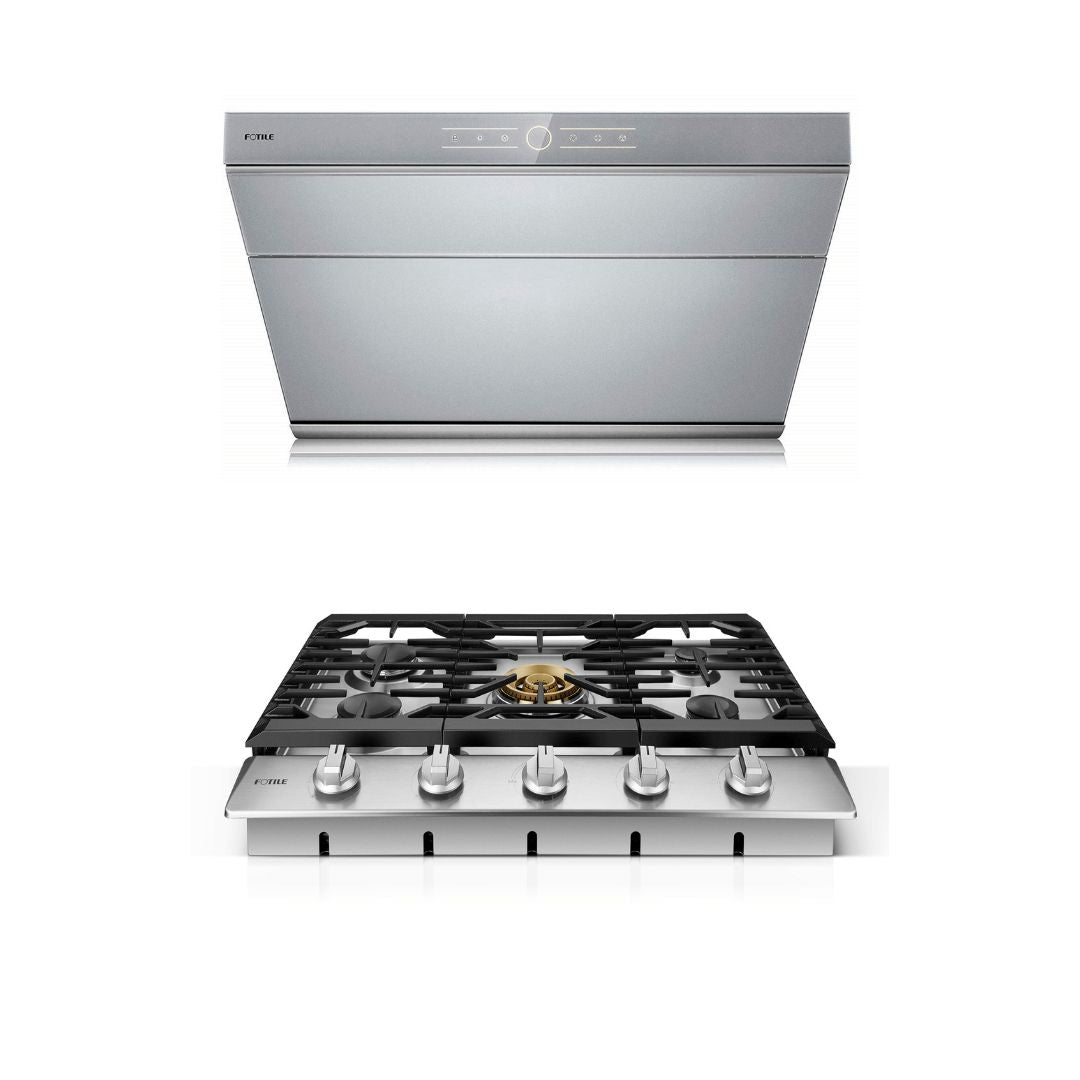 Fotile 2-Piece Kitchen Package-With Stainless Steel 30 in. Gas Cooktop and 30 in. 850 CFM Silver Gray Tempered Glass Wall Mount Range Hood with Touchscreen (JQG7501.G + GLS30501)