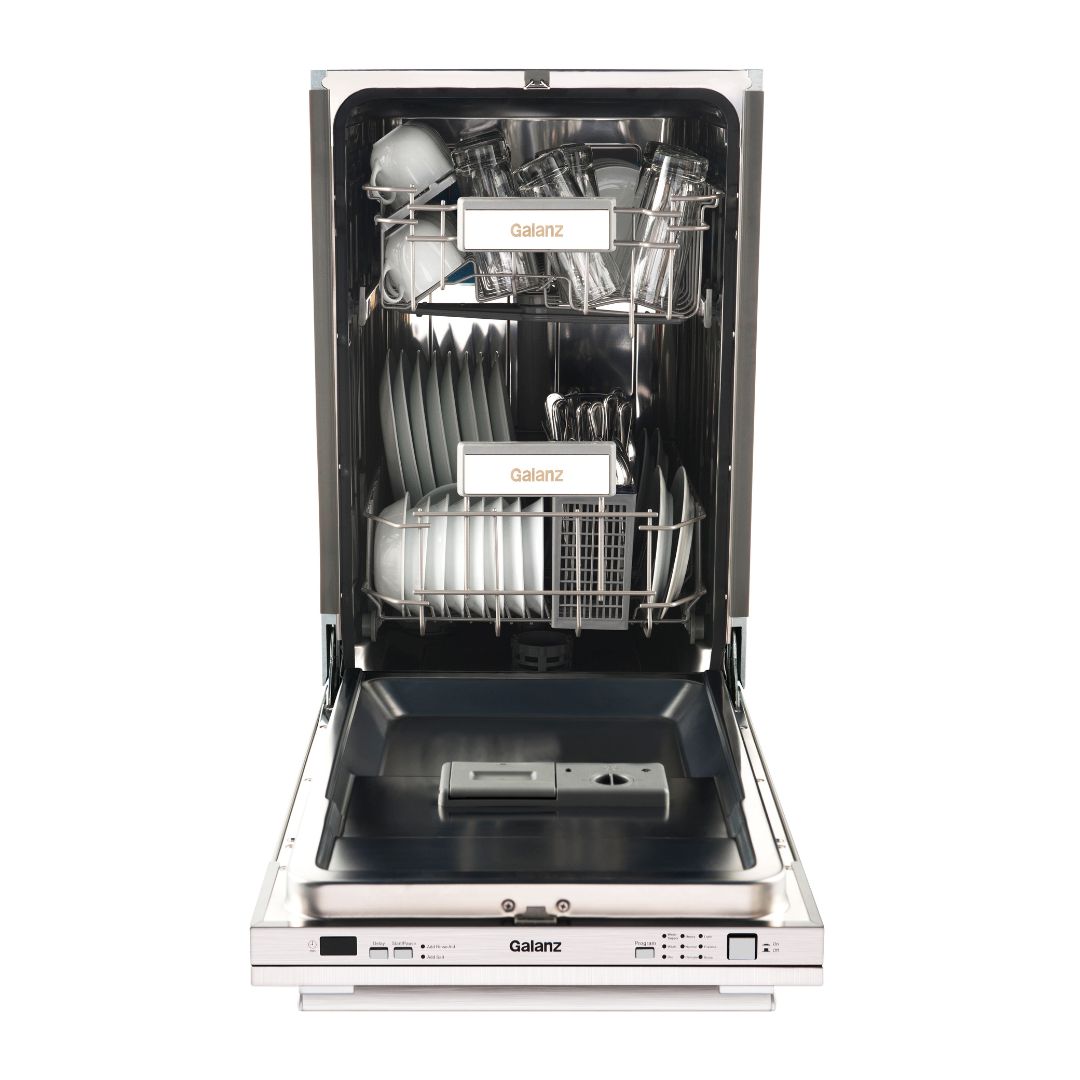Galanz 18 in. Built-In Top Control Dishwasher in Stainless Steel (GLDW09TS2A5A) front, open with dishes inside.