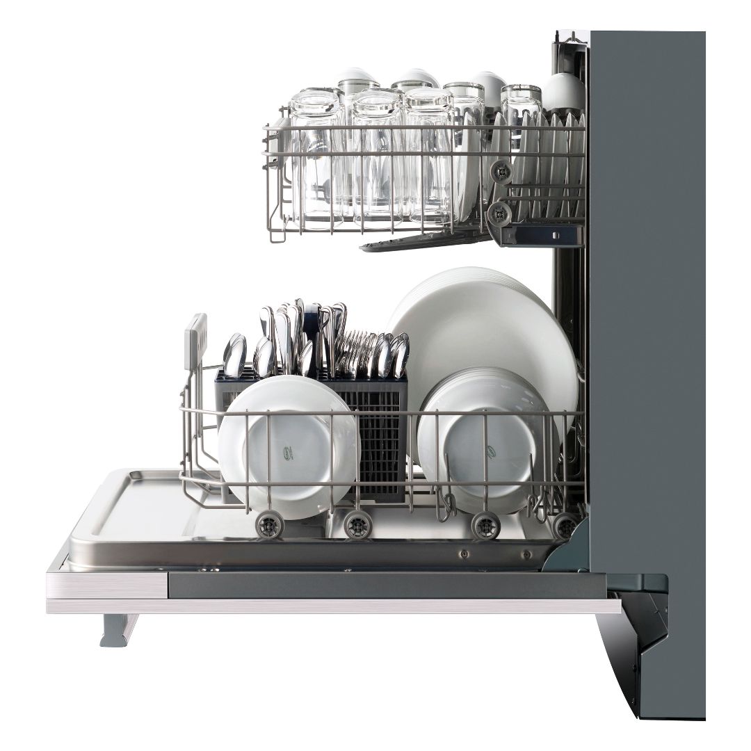 Galanz 18 in. Built-In Top Control Dishwasher in Stainless Steel (GLDW09TS2A5A) side, open with racks extended.