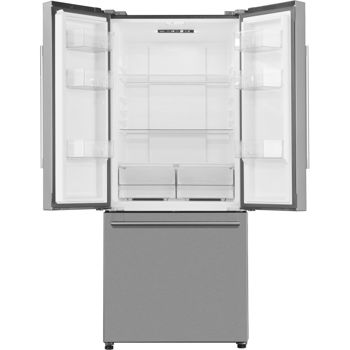 Galanz 28 in. 16 Cu. Ft. 3-Door French Door Refrigerator In Stainless Steel (GLR16FS2E16) front, doors open