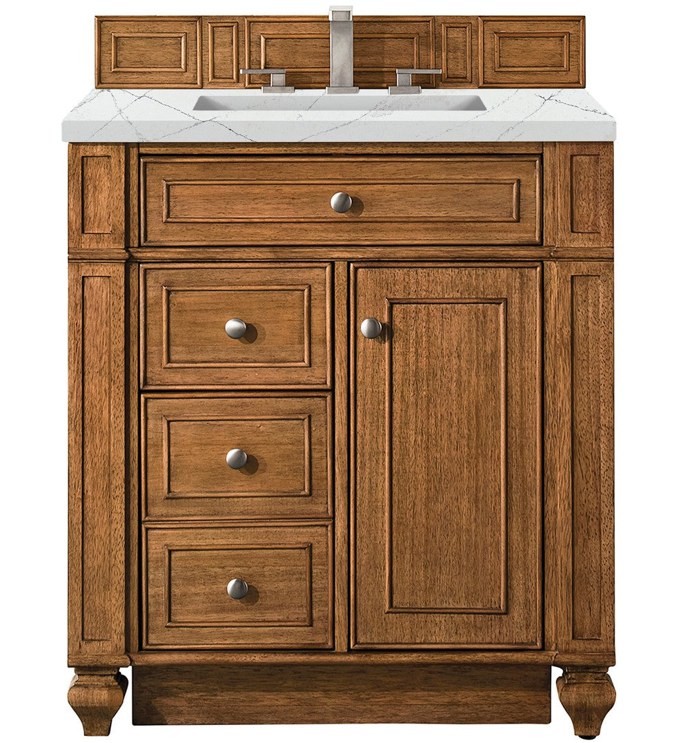 James Martin Vanities Bristol Collection 30 in. Single Vanity in Saddle Brown with Countertop Options Ethereal Noctis Quartz