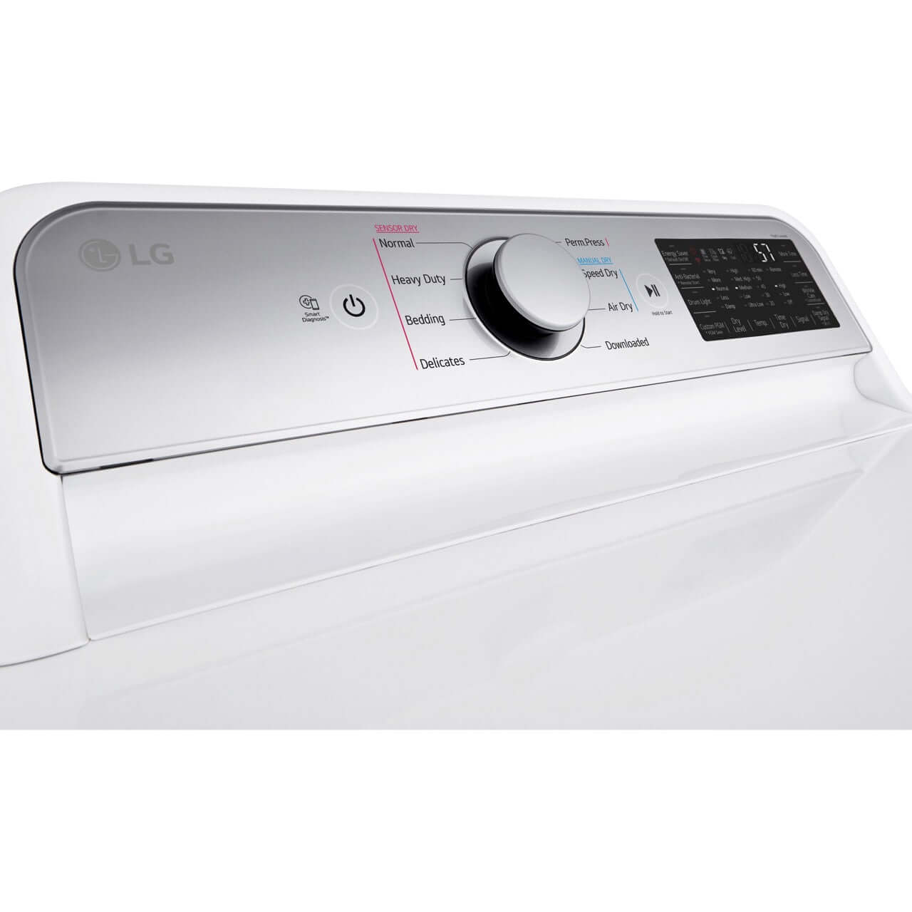 Dryer control panel with normal, heavy duty, bedding, delicates, permanent press, speed dry, air dry, and downloaded settings