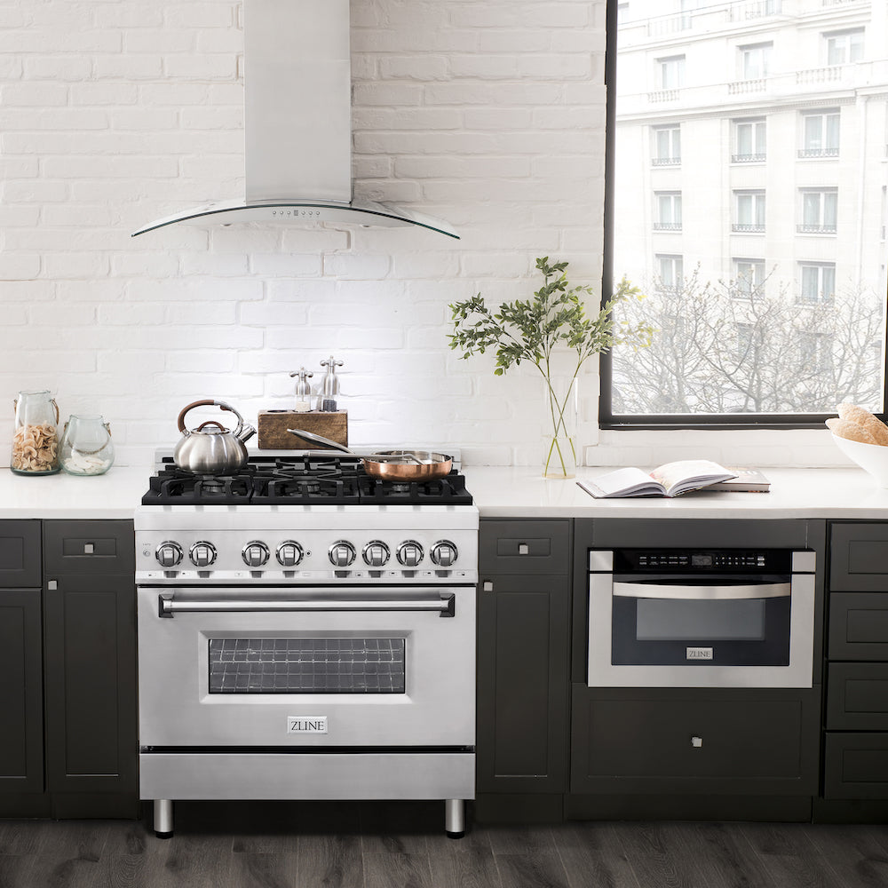 ZLINe MWD-1 Microwave Drawer, RA36 Dual Fuel Range, and KN4-36 Range Hood in a modern apartment kitchen.