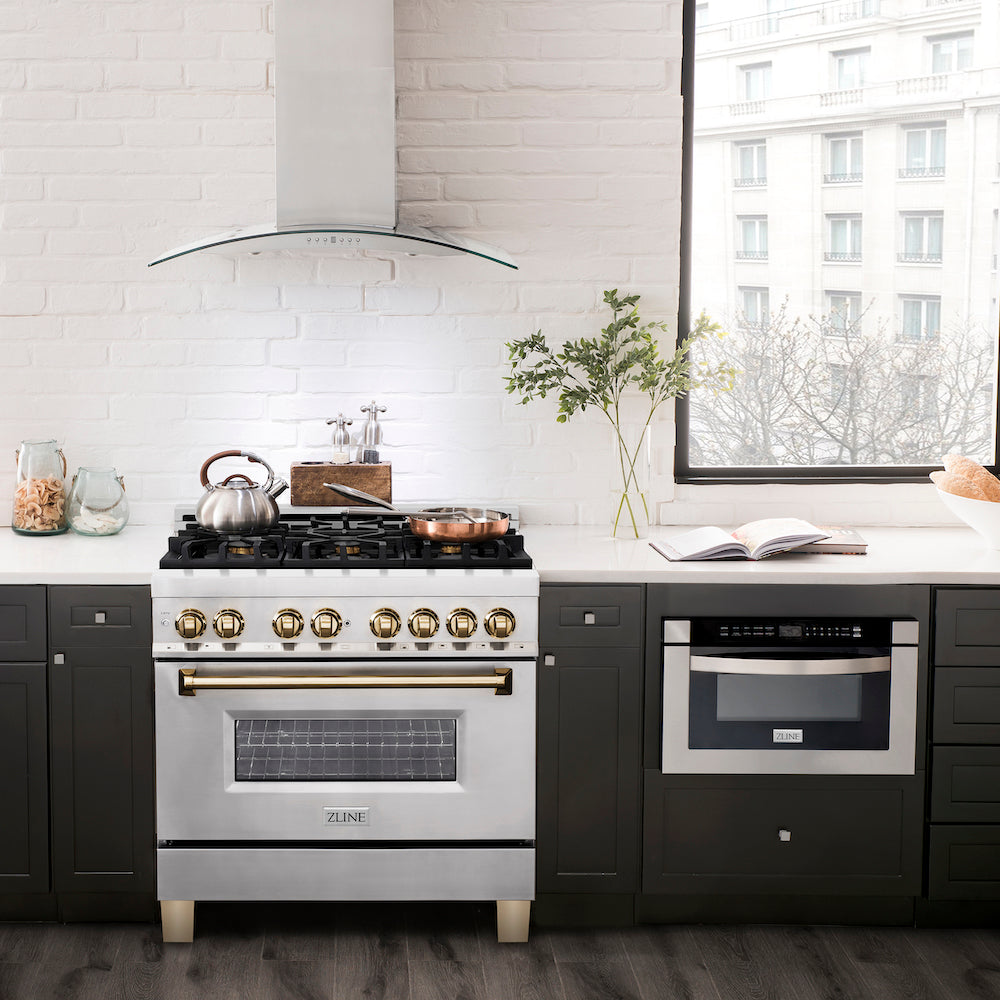 ZLINE Autograph Edition 36 in. 4.6 cu. ft. Dual Fuel Range with Gas Stove and Electric Oven in Stainless Steel with Polished Gold Accents (RAZ-36-G) in a modern-style compact kitchen.
