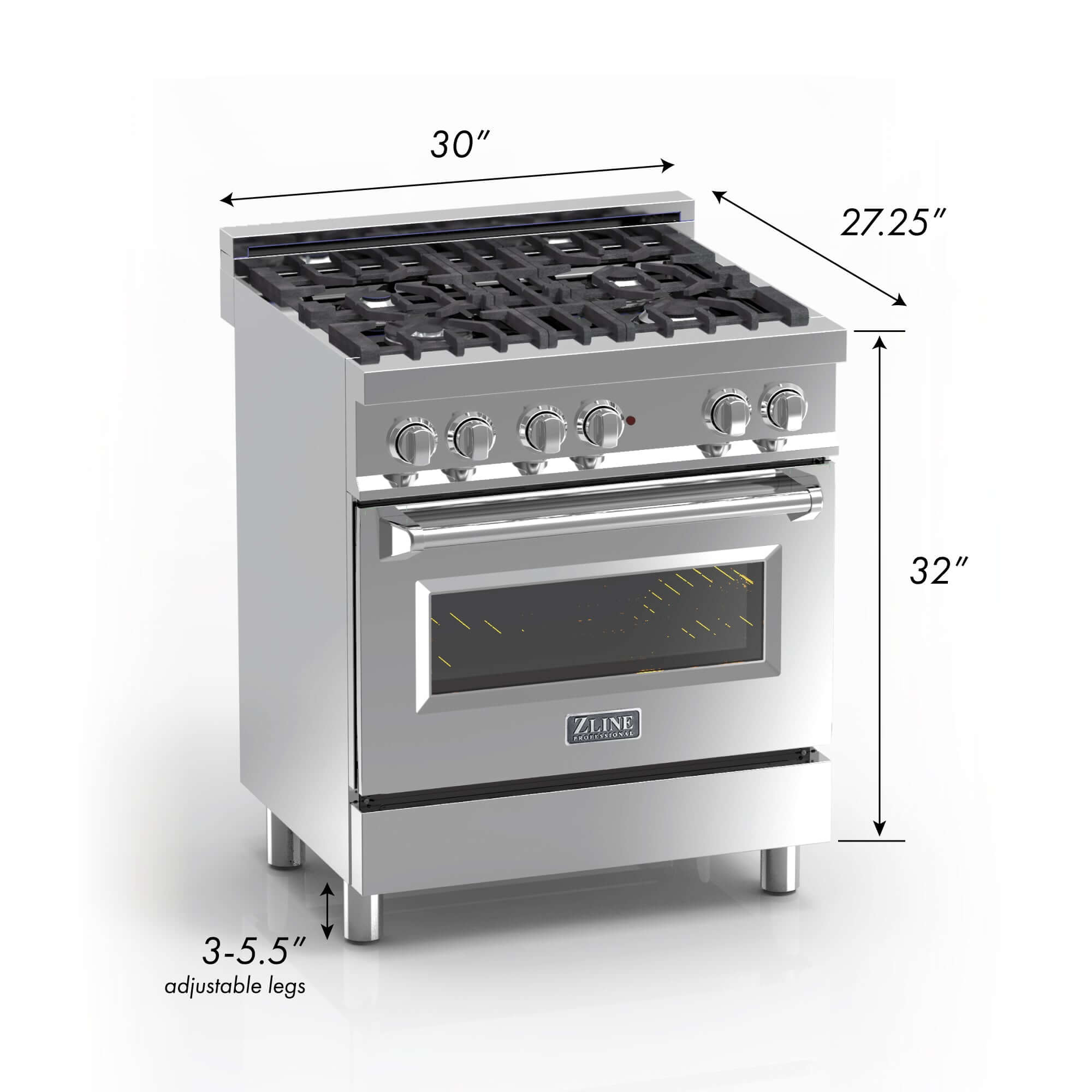 ZLINE 30 in. Kitchen Package with DuraSnow® Stainless Steel Dual Fuel Range with Blue Gloss Door and Convertible Vent Range Hood (2KP-RASBGRH30) dimensional diagram with measurements.