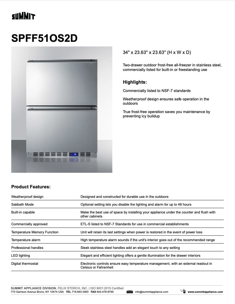 SUMMIT 24 in. 2-Drawer Outdoor Freezer in Stainless Steel (SPFF51OS2D)