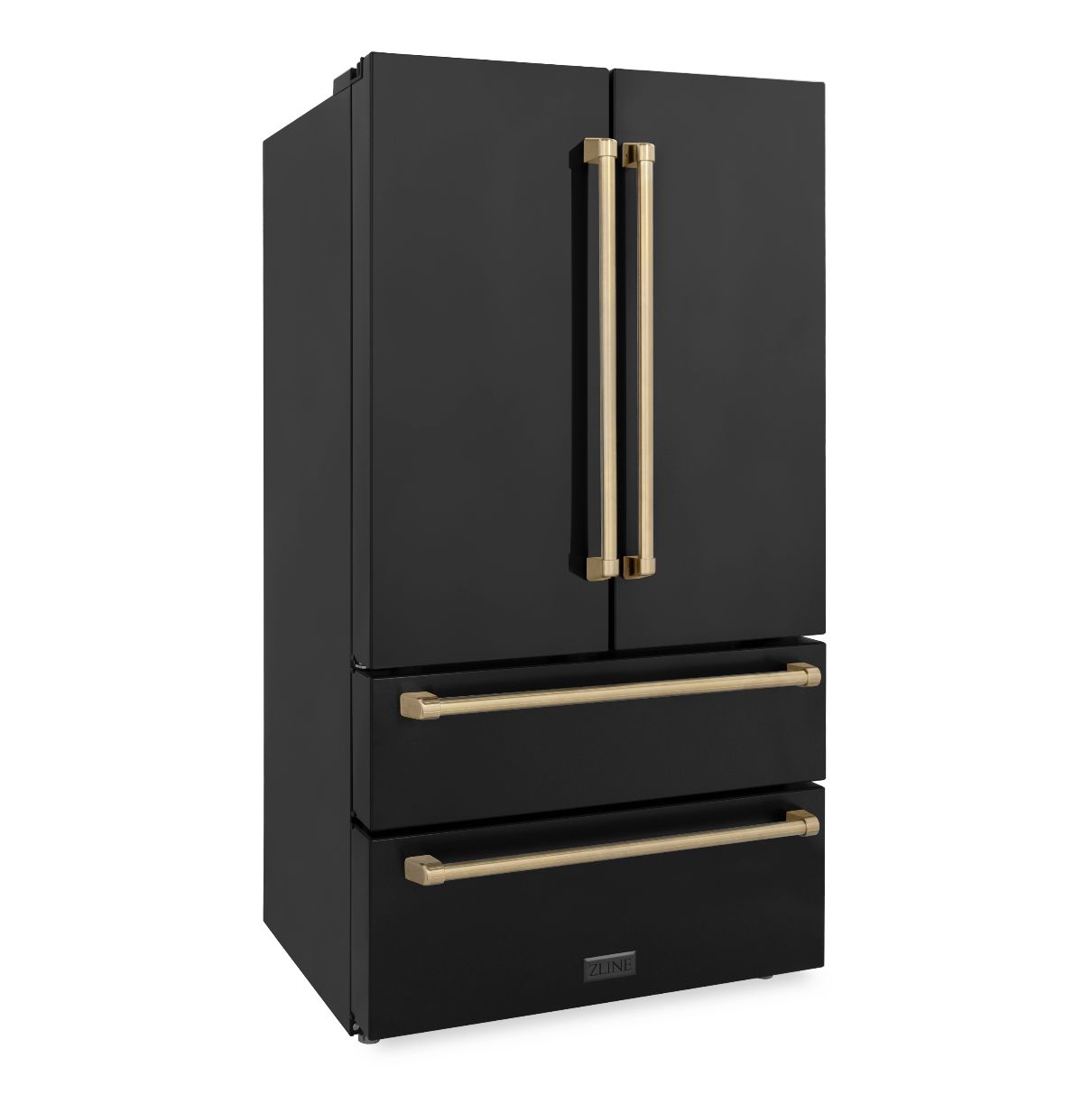 ZLINE 36 in. Autograph Edition French Door Refrigerator with Ice Maker in Black Stainless Steel with Champagne Bronze Accents side.