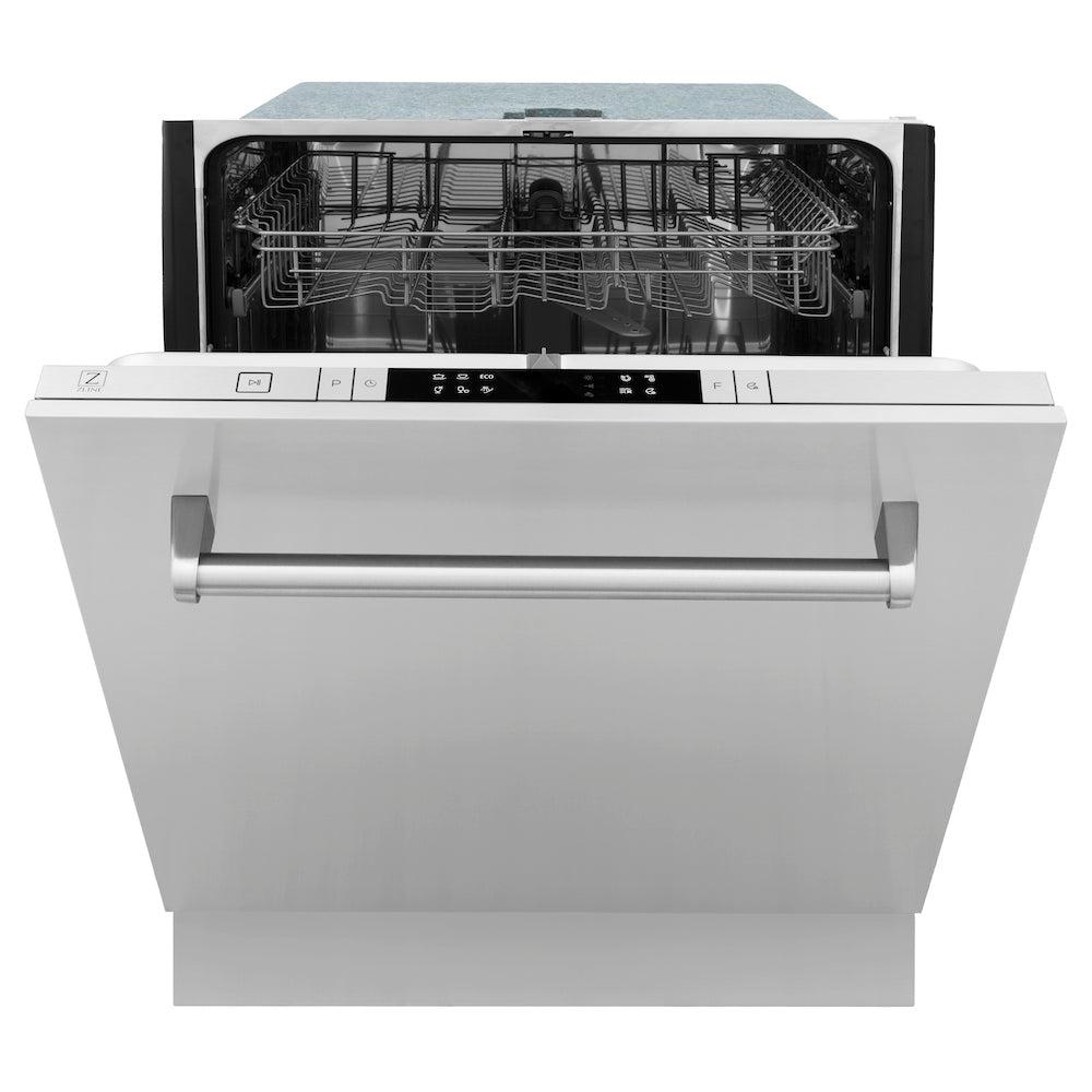 ZLINE 24 in. Stainless Steel Top Control Built-In Dishwasher with Stainless Steel Tub and Traditional Style Handle, 52dBa (DW-304-H-24) front, half open.