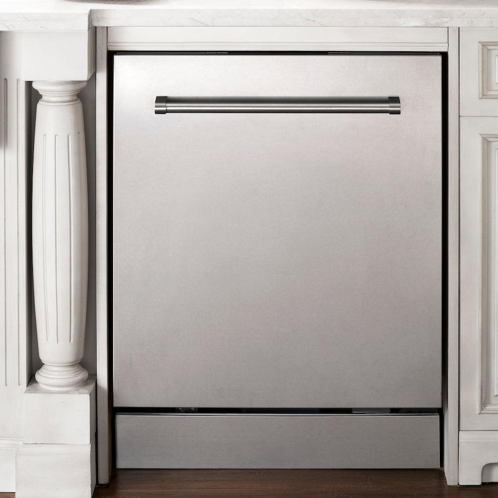 ZLINE 24 in. Stainless Steel Top Control Built-In Dishwasher with Stainless Steel Tub and Traditional Style Handle, 52dBa (DW-304-H-24) built-in to cabinets in a luxury kitchen.
