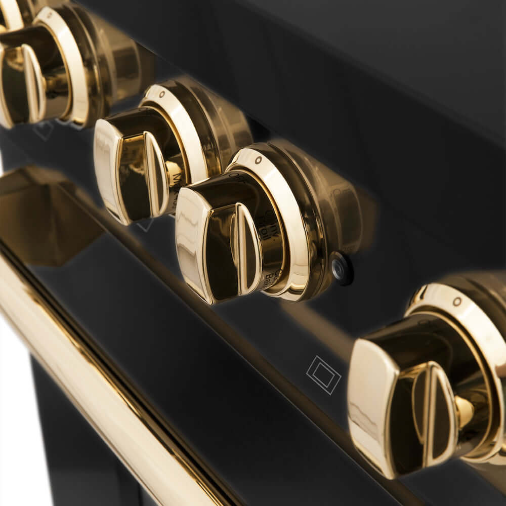 ZLINE Autograph Edition Polished Gold accents from above on a black stainless steel range.
