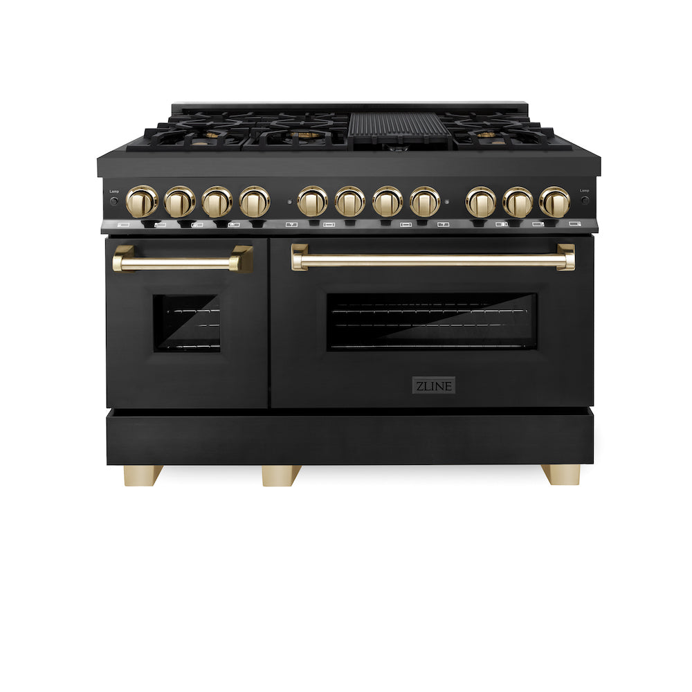 ZLINE Autograph Edition 48 in. 6.0 cu. ft. Dual Fuel Range with Gas Stove and Electric Oven in Black Stainless Steel with Polished Gold Accents (RABZ-48-G) front, oven closed.