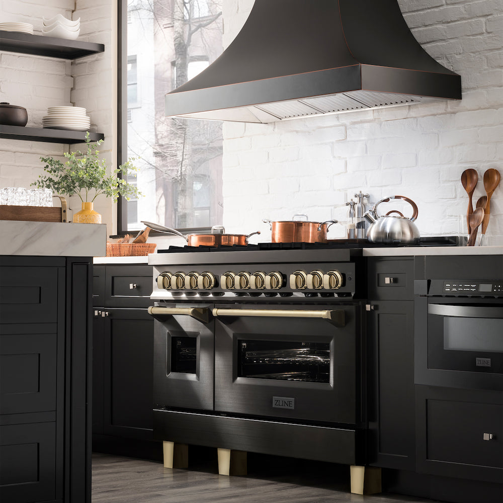 ZLINE Autograph Edition 48 in. 6.0 cu. ft. Dual Fuel Range with Gas Stove and Electric Oven in Black Stainless Steel with Polished Gold Accents (RABZ-48-G) from side in a luxury farmhouse-style kitchen.