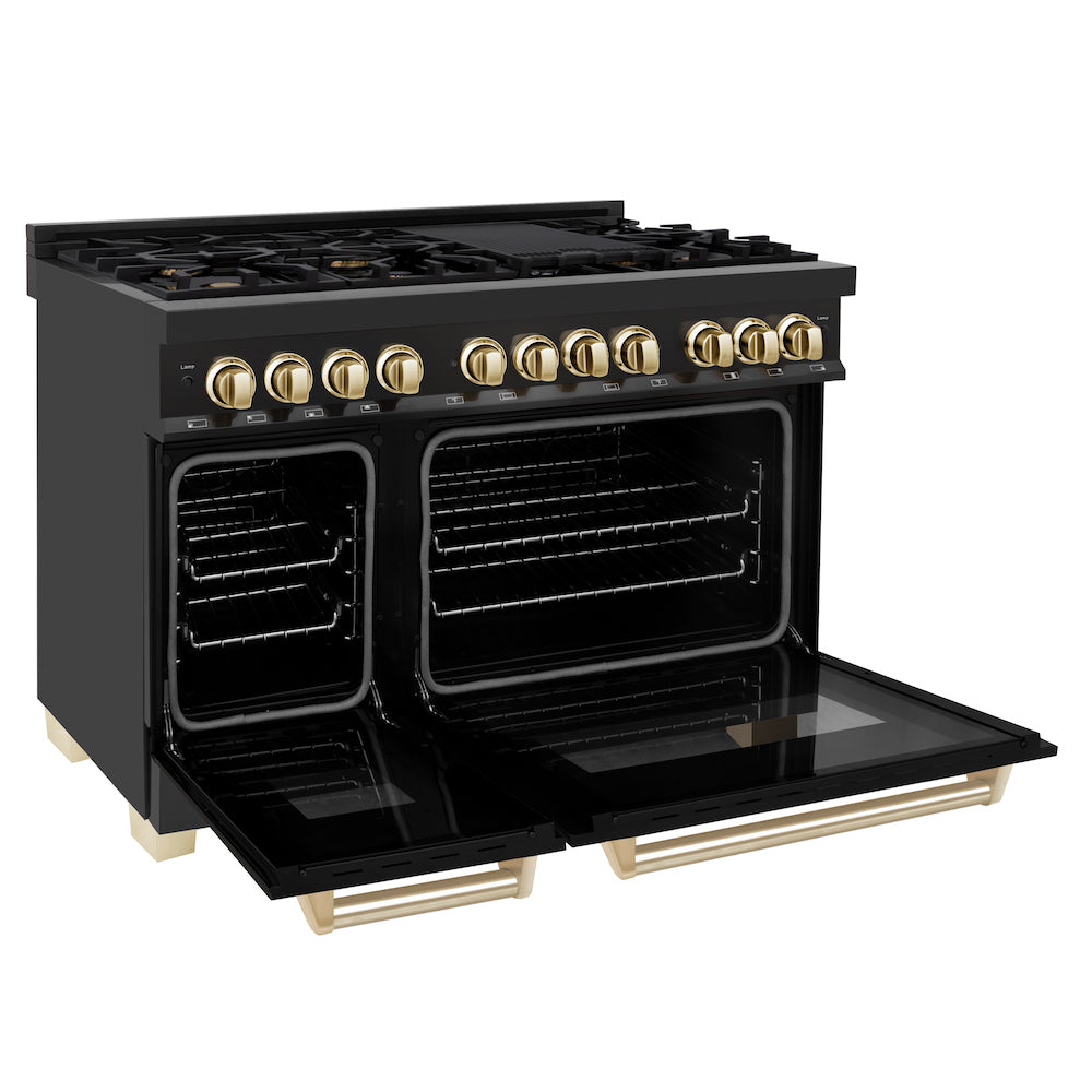ZLINE Autograph Edition 48 in. 6.0 cu. ft. Dual Fuel Range with Gas Stove and Electric Oven in Black Stainless Steel with Polished Gold Accents (RABZ-48-G) side, oven open.