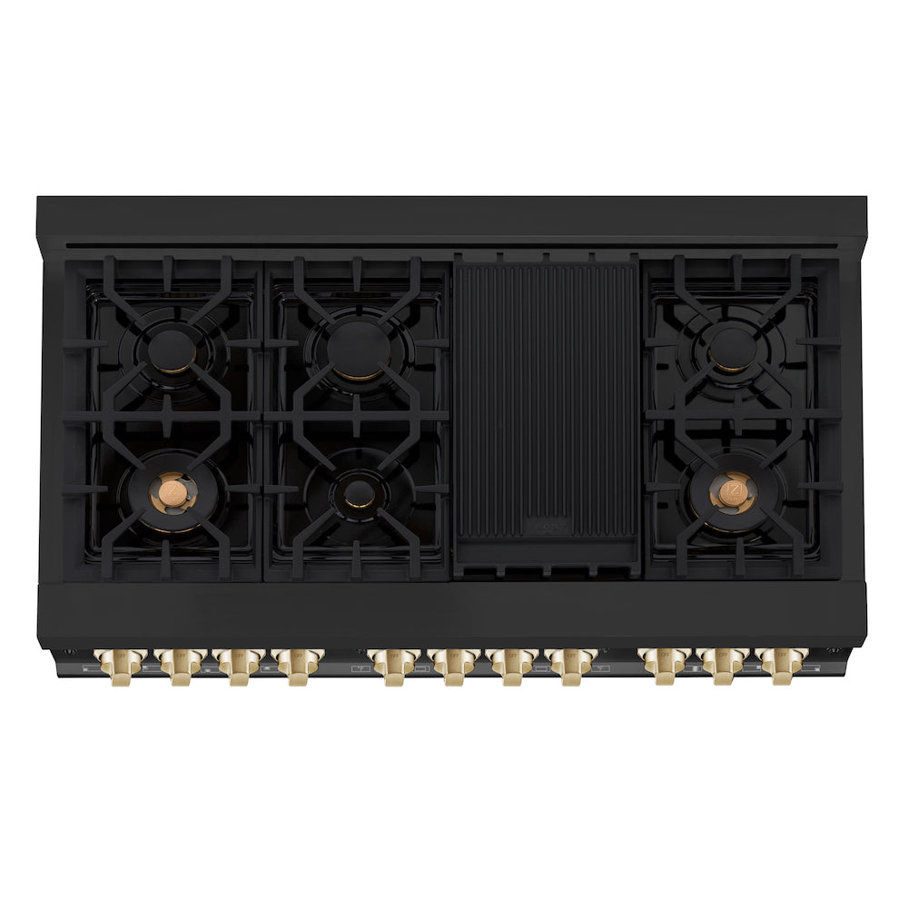 ZLINE Autograph Edition 48 in. 6.0 cu. ft. Dual Fuel Range with Gas Stove and Electric Oven in Black Stainless Steel with Polished Gold Accents (RABZ-48-G) from above showing cooktop.