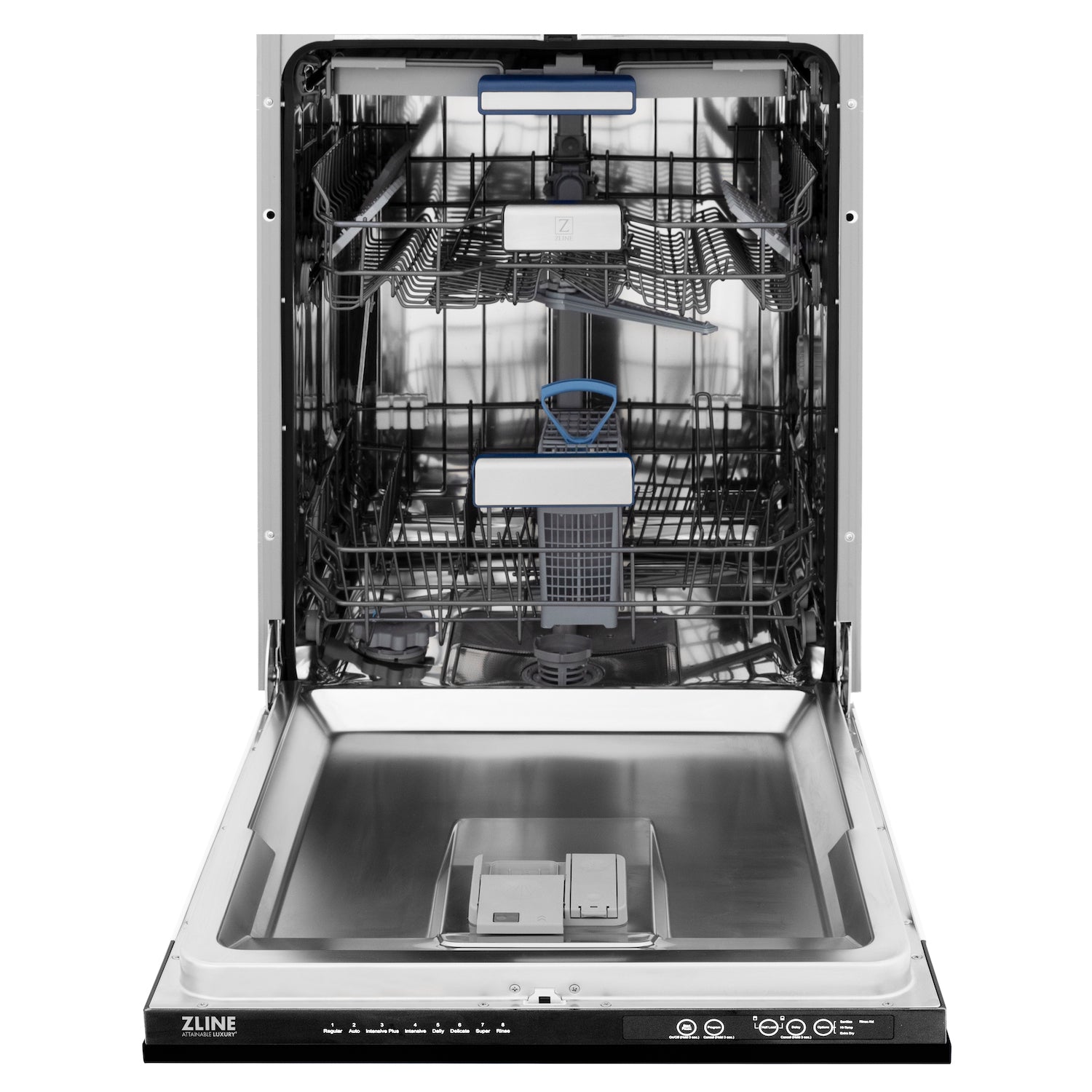 ZLINE Autograph Edition 24 in. Tallac Series 3rd Rack Top Control Built-In Tall Tub Dishwasher in Black Stainless Steel with Champagne Bronze Handle, 51dBa (DWVZ-BS-24-CB) front, open.