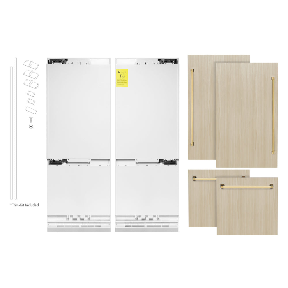 ZLINE Autograph Edition 60 in. Panel Ready Built-in Refrigerator next to custom panels with included Polished Gold Handles front.