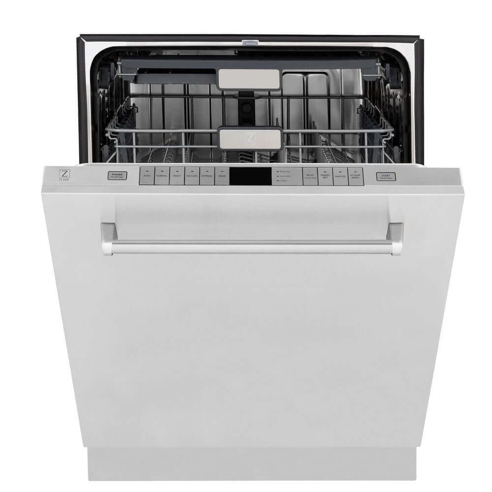 ZLINE 24 in. Monument Series 3rd Rack Top Touch Control Dishwasher with Stainless Steel Panel, 45dBa (DWMT-304-24) front, half open.
