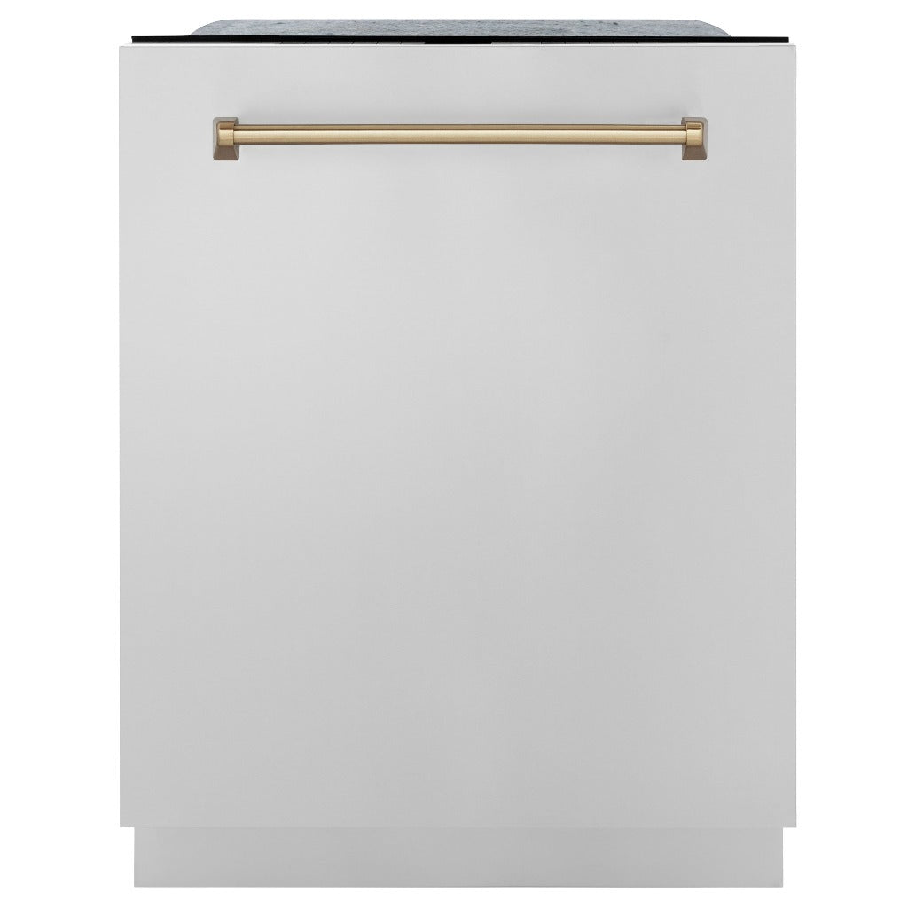 ZLINE Autograph Edition 24 in. Monument Series 3rd Rack Top Touch Control Tall Tub Dishwasher in Stainless Steel with Champagne Bronze Handle, 45dBa (DWMTZ-304-24-CB) front, closed.