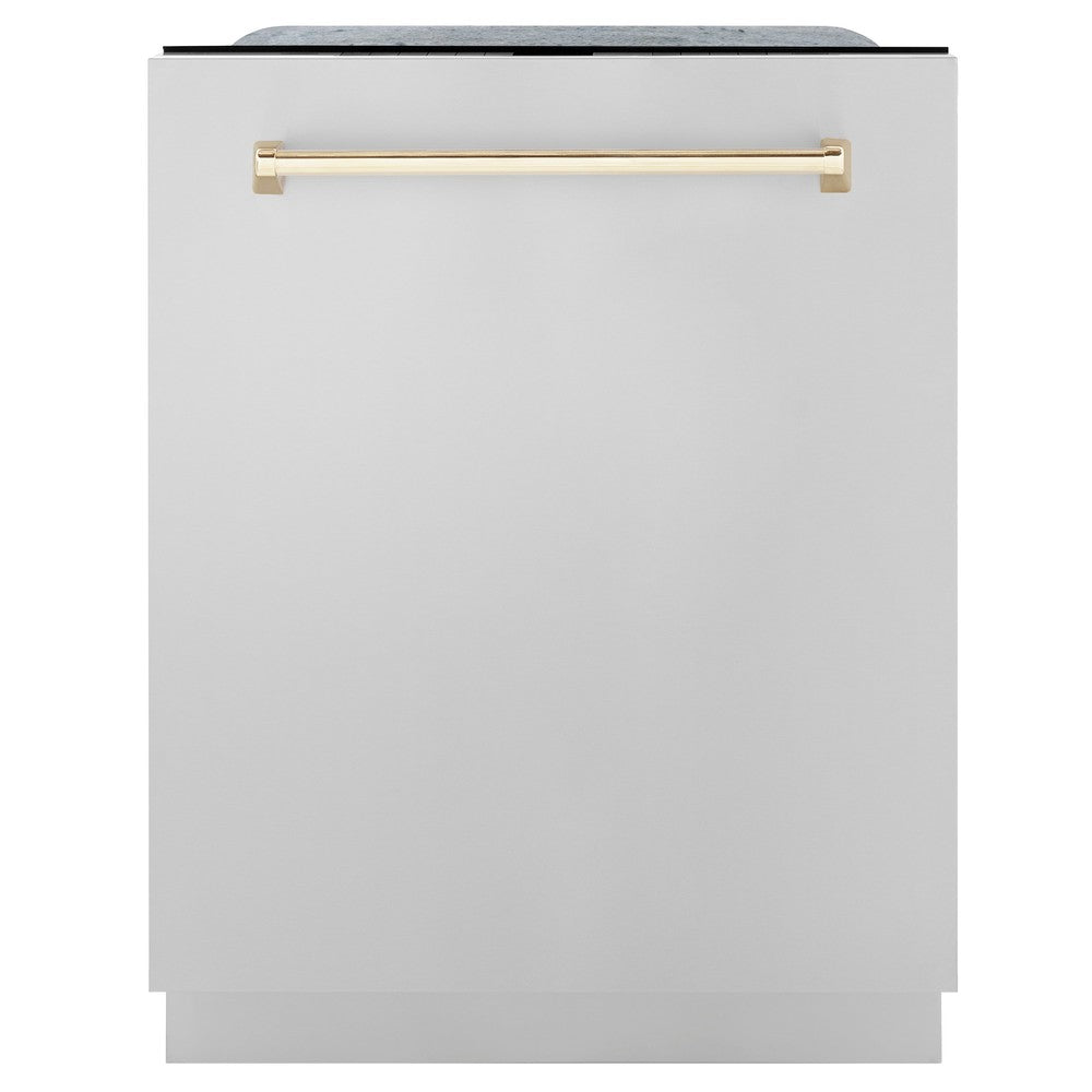ZLINE Autograph Edition 24 in. Monument Series 3rd Rack Top Touch Control Tall Tub Dishwasher in Stainless Steel with Polished Gold Handle, 45dBa (DWMTZ-304-24-G) front, closed.