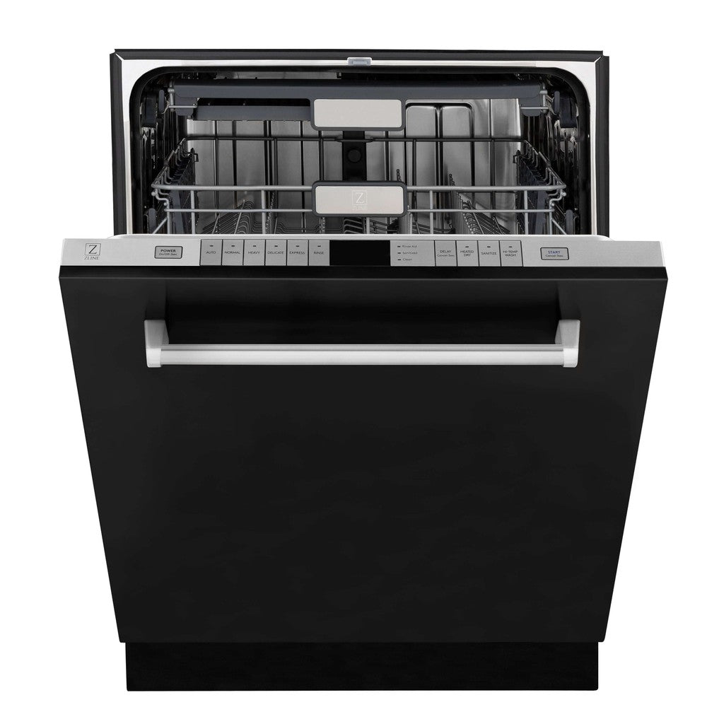 ZLINE 24 in. Monument Series 3rd Rack Top Touch Control Dishwasher in Black Matte with Stainless Steel Tub, 45dBa (DWMT-BLM-24) front, half open.