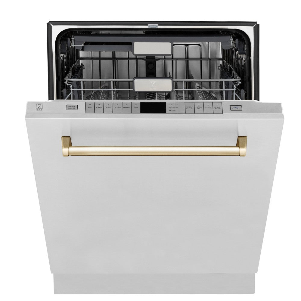 ZLINE Autograph Edition 24 in. Monument Series 3rd Rack Top Touch Control Tall Tub Dishwasher in Stainless Steel with Polished Gold Handle, 45dBa (DWMTZ-304-24-G) front, half open.