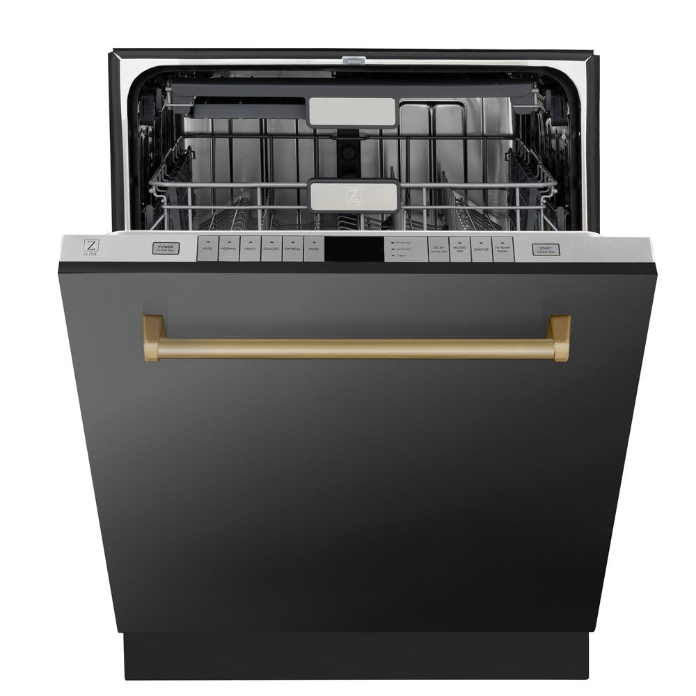 ZLINE Autograph Edition 24 in. Monument Series 3rd Rack Top Touch Control Tall Tub Dishwasher in Black Stainless Steel with Champagne Bronze Handle, 45dBa (DWMTZ-BS-24-CB) front, half open.