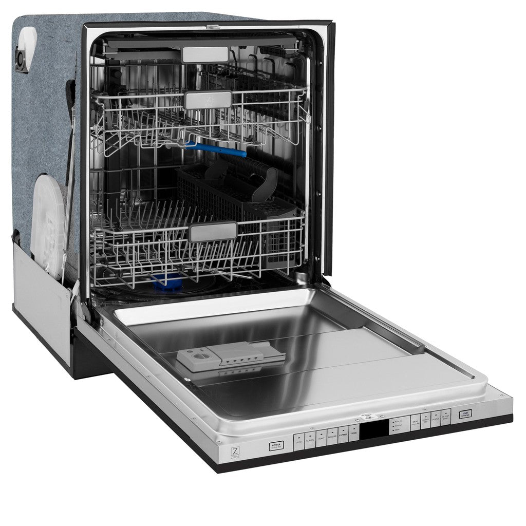 ZLINE Autograph Edition 24 in. Monument Series 3rd Rack Top Touch Control Tall Tub Dishwasher in Black Stainless Steel with Champagne Bronze Handle, 45dBa (DWMTZ-BS-24-CB) side, open.