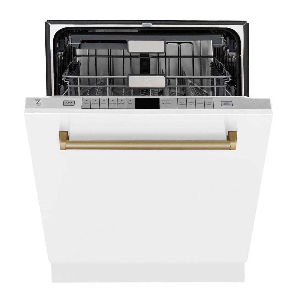 ZLINE Autograph Edition 24 in. Monument Series 3rd Rack Top Touch Control Tall Tub Dishwasher in White Matte with Champagne Bronze Handle, 45dBa (DWMTZ-WM-24-CB) front, half open.