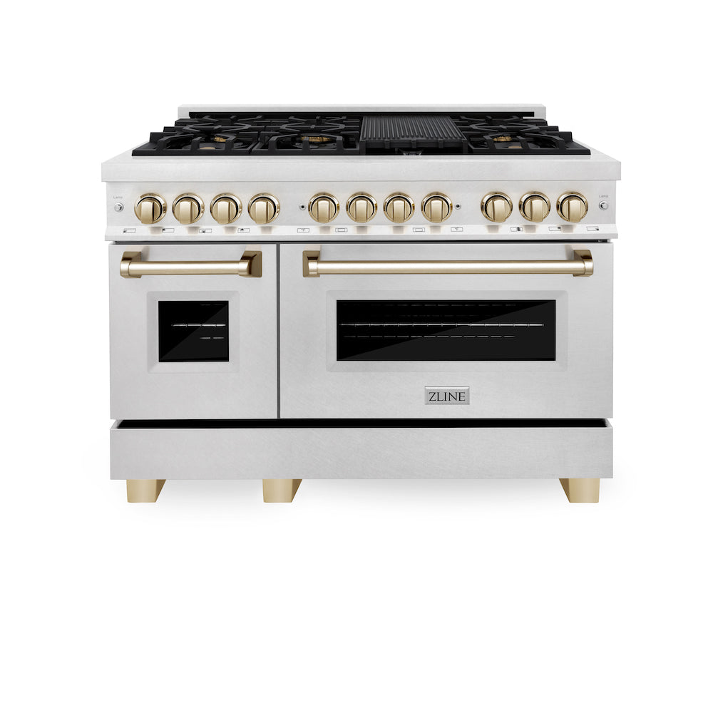ZLINE Autograph Edition 48 in. 6.0 cu. ft. Dual Fuel Range with Gas Stove and Electric Oven in Fingerprint Resistant Stainless Steel with Polished Gold Accents (RASZ-SN-48-G) front, oven closed.