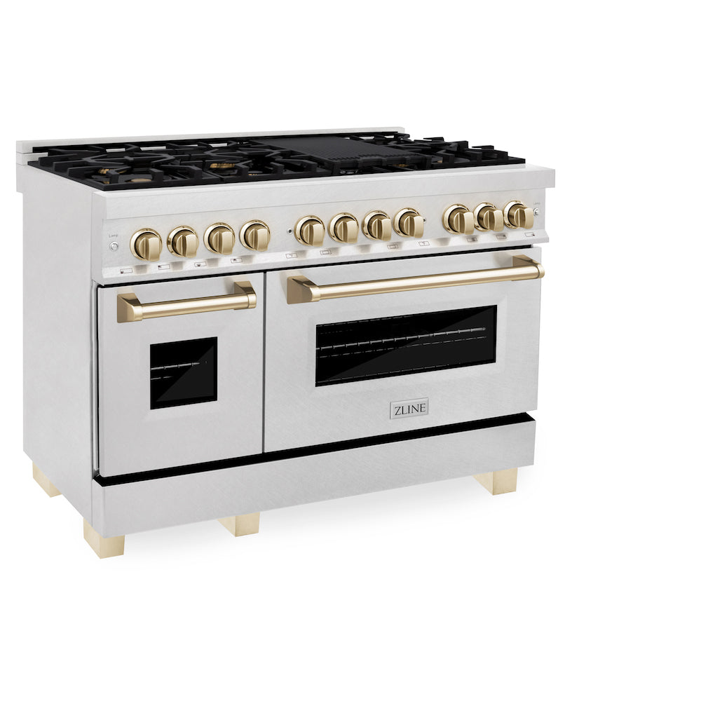 ZLINE Autograph Edition 48 in. 6.0 cu. ft. Dual Fuel Range with Gas Stove and Electric Oven in Fingerprint Resistant Stainless Steel with Polished Gold Accents (RASZ-SN-48-G) side, oven closed.
