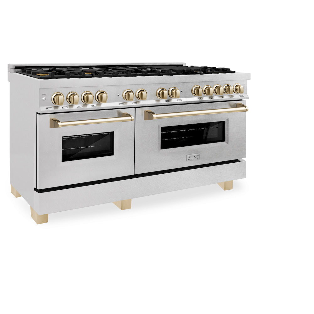 ZLINE Autograph Edition 60 in. 7.4 cu. ft. Dual Fuel Range with Gas Stove and Electric Oven in DuraSnow® Stainless Steel with Polished Gold Accents (RASZ-SN-60-G) side, oven closed.