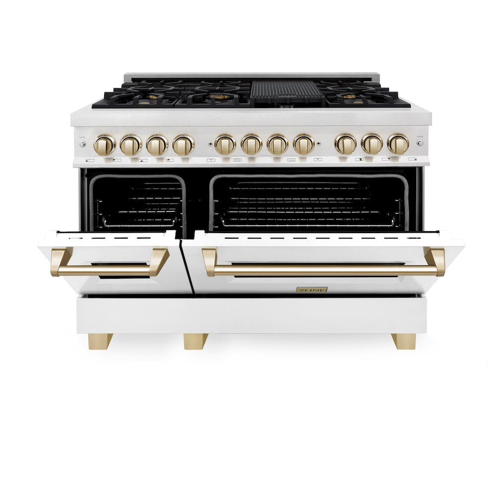 ZLINE Autograph Edition 48" Dual Fuel Range in DuraSnow® Stainless Steel with White Matte Oven Door and Polished Gold Accents (RASZ-WM-48-G) front, oven doors half open.