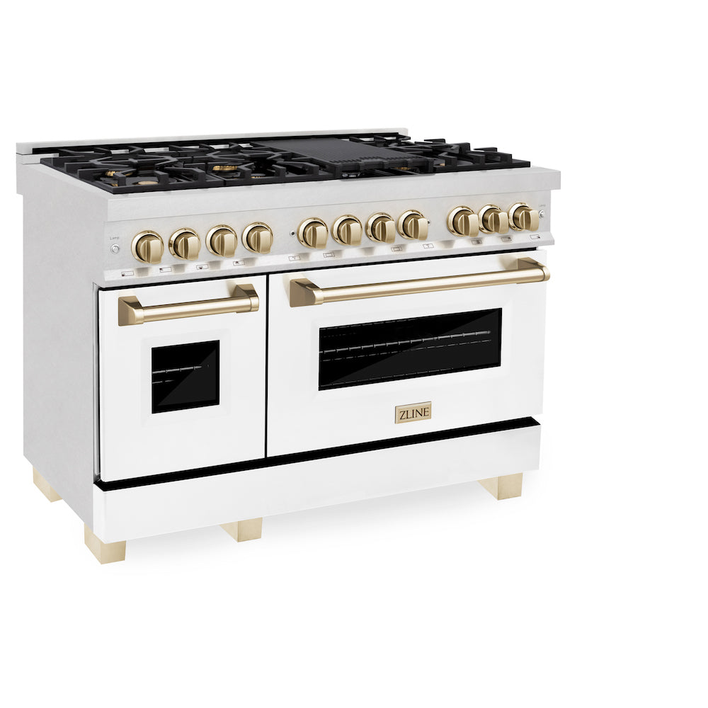 ZLINE Autograph Edition 48 in. 6.0 cu. ft. Dual Fuel Range with Gas Stove and Electric Oven in Fingerprint Resistant Stainless Steel with White Matte Doors and Polished Gold Accents (RASZ-WM-48-G) side, oven closed.