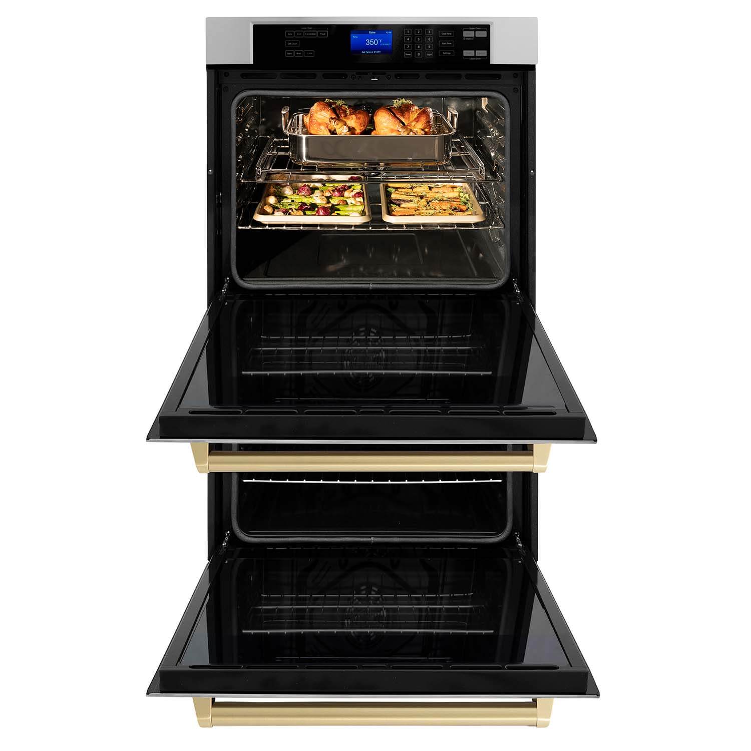 ZLINE Autograph Edition 30 in. Electric Double Wall Oven with Self Clean and True Convection in DuraSnow® Stainless Steel and Polished Gold Accents (AWDSZ-30-G) front, oven open.