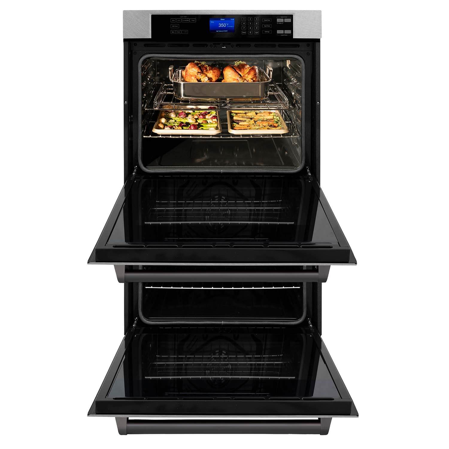 ZLINE Autograph Edition 30 in. Electric Double Wall Oven with Self Clean and True Convection in DuraSnow Stainless Steel and Matte Black Accents (AWDSZ-30-MB) front, oven open.