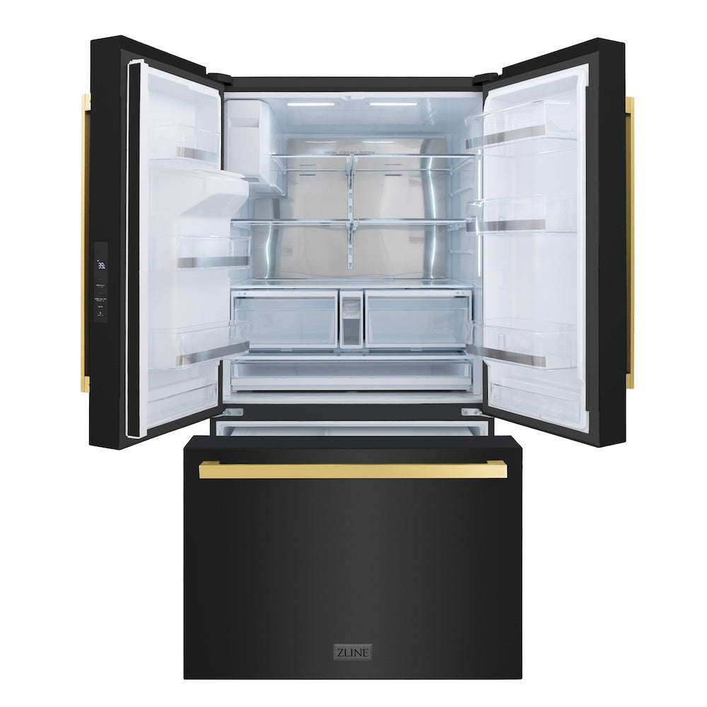 ZLINE Autograph Edition 36 in. 28.9 cu. ft. Standard-Depth French Door External Water Dispenser Refrigerator with Dual Ice Maker in Black Stainless Steel and Polished Gold Square Handles (RSMZ-W-36-BS-FG) front, doors and bottom freezer drawer open.
