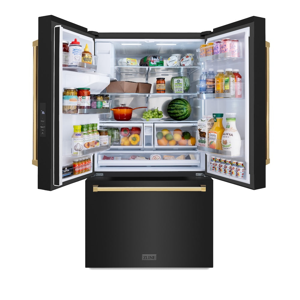 ZLINE Autograph Edition 36 in. 28.9 cu. ft. Standard-Depth French Door External Water Dispenser Refrigerator with Dual Ice Maker in Black Stainless Steel and Polished Gold Handles (RSMZ-W-36-BS-G) front, open with food inside refrigeration compartment.
