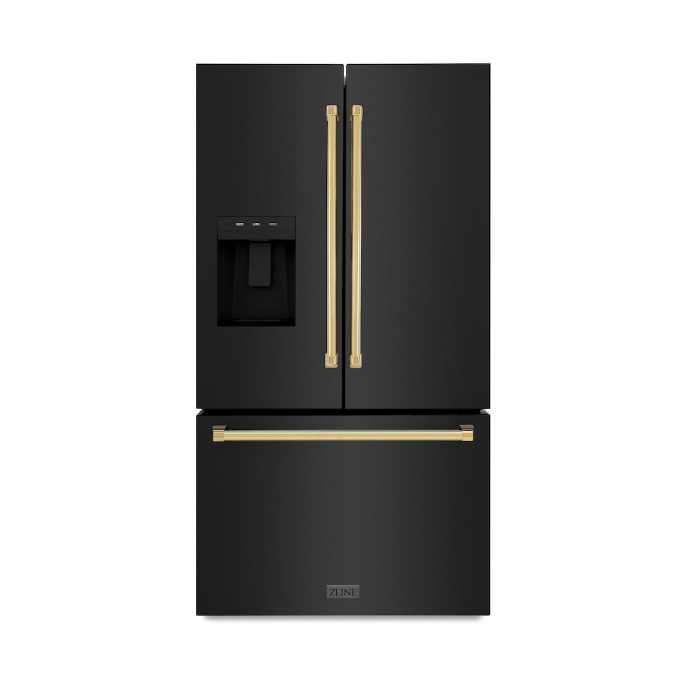 ZLINE Autograph Edition 36 in. 28.9 cu. ft. Standard-Depth French Door External Water Dispenser Refrigerator with Dual Ice Maker in Black Stainless Steel and Polished Gold Handles (RSMZ-W-36-BS-G) front, closed.