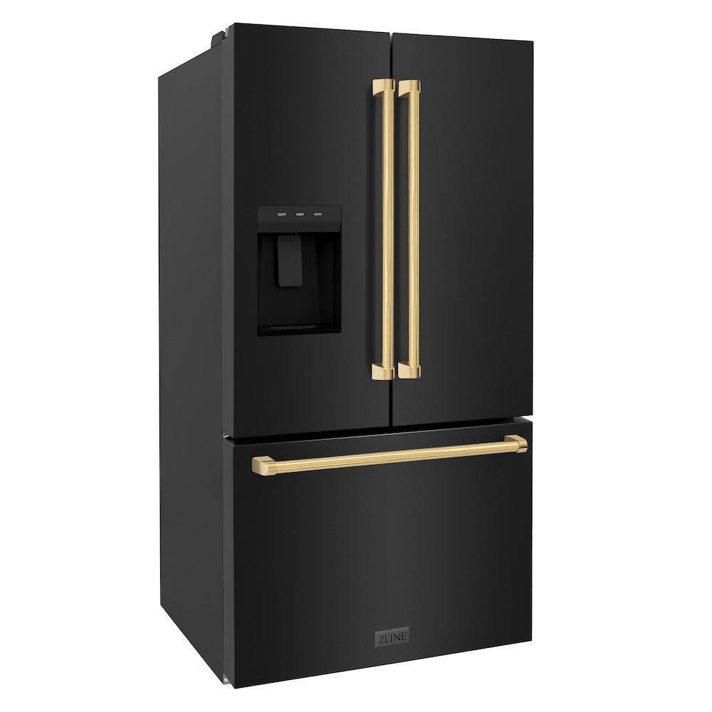 ZLINE Autograph Edition 36 in. 28.9 cu. ft. Standard-Depth French Door External Water Dispenser Refrigerator with Dual Ice Maker in Black Stainless Steel and Polished Gold Handles (RSMZ-W-36-BS-G) side, closed.